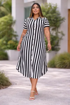 Vestido Listrado Feminino Plus Size Chemise Midi Confortavel