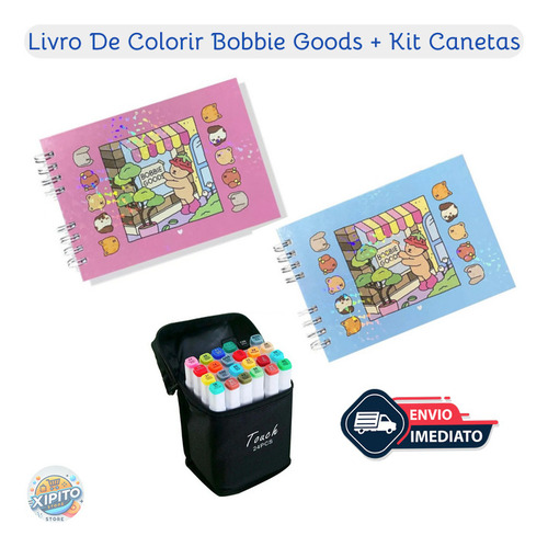 Kit Pintura Livro Colorir Bobbie Goods + 24 Canetinhas Ponta Dupla Marcador Touch Marker