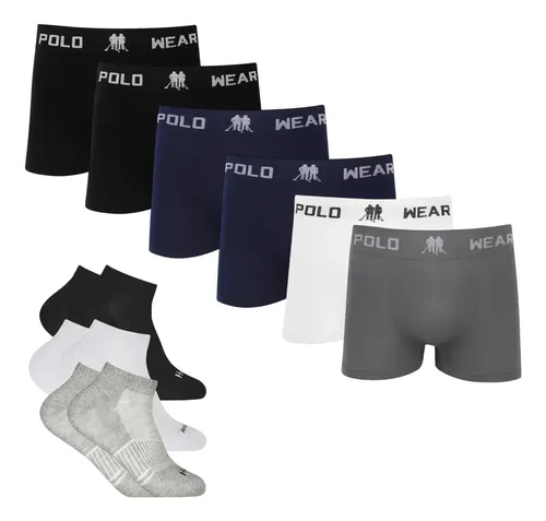 MLB 4181567053 Kit 6 Cueca Polo Wear Microfibra 6 Meia Cano Medio Algodo JM