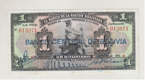 Billete Bolivia 1 Boliviano 1911 (1929) Firma 2 (c85)