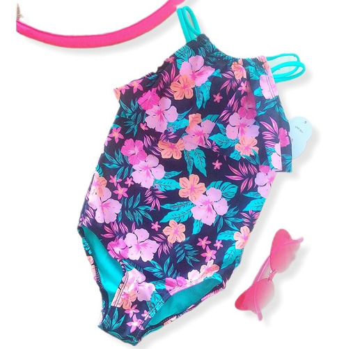 Traje De Baño De Niña Enterizo Estampado Tropical, Importado