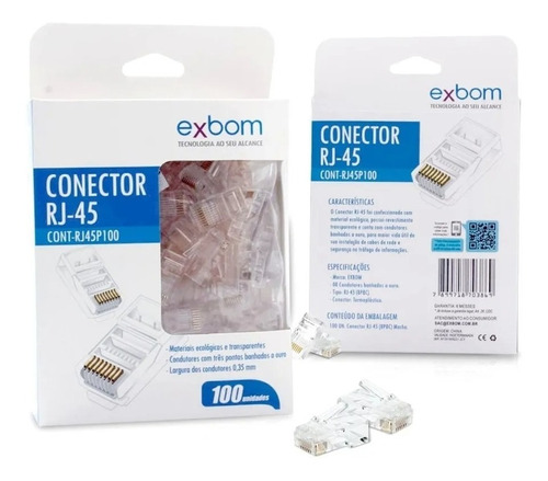 Conector Rede Rj45 Cat5e Pack 100 Unidades Exbom Macho Cabo