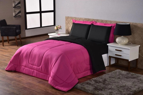 Kit Edredon Ternura Casal Queen 6 Peça Pink Preto Dupla Face Cor Pink/preto