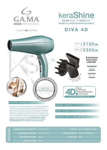 Imagen 4 de 5 de Secadora De Cabello Gama Diva 4d Kerashine