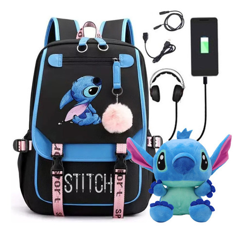 Two-piece Set,cute Stildy Usb Audífonos Mochila Hombro