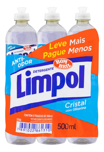 Detergente para lava-louças Limpol Cristal líquido cristal em squeeze 3000 mL pacote x 6