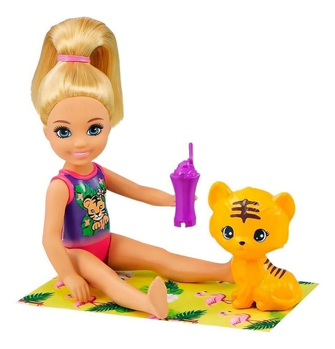 Conjunto Aventura No Rio - Acompanha Acessórios E Boneca Menina Chelsea - Com Mini Animais Pets Escorregador Na Água E Tirolesa - Dreamhouse Adventures - Irmã Da Barbie - Mattel Brinquedos