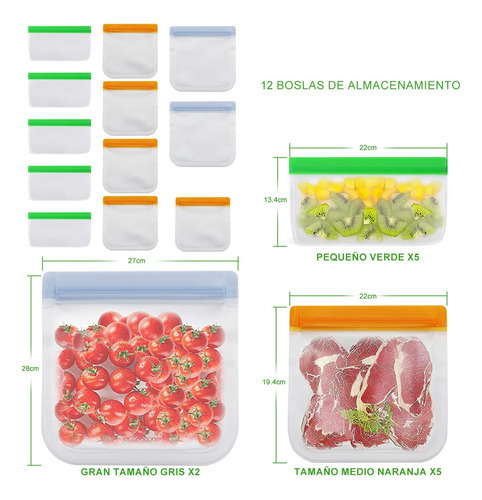 12 Piezas Bolsas Almacenamiento Reutilizables Ecológicas