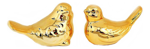 Kit Passarinho Dourado Em Cerâmica 10 Cm + 9 Cm
