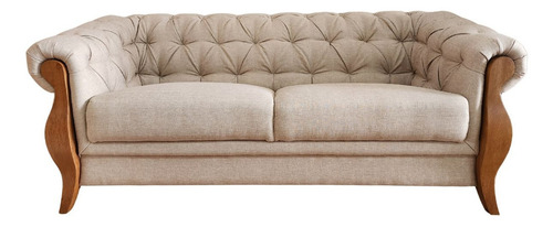 Sofá 3 Lug 2,4 Living Chesterfield Linho Bege Madeira Adhara Desenho Do Tecido Liso