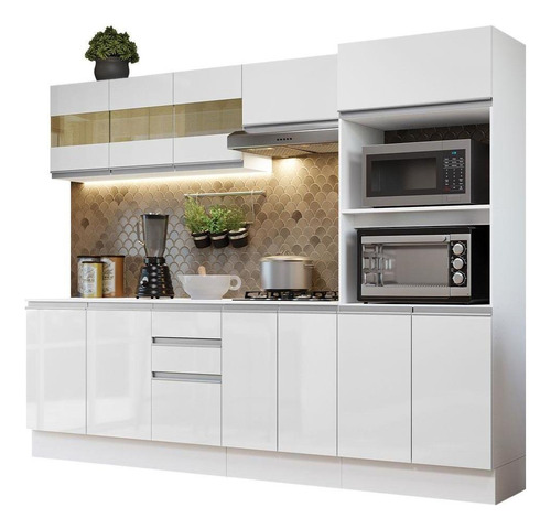 Armário De Cozinha Completa Modulada com Balcão para Cooktop 100% Mdf 250cm Madesa Smart Bb02 Cor Branco GRSM250002C9
