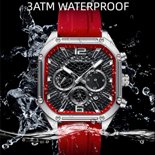Relógio De Calendário Quadrado Crrju Business Chronograph Cor Da Correia Vermelho