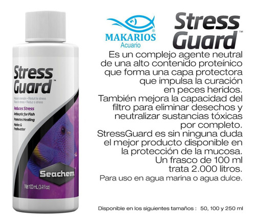 Imagen 2 de 5 de Seachem Stress Guard 250ml Baja Estrés Agua Dulce Y Marino