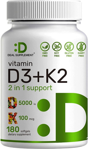 Vitamina D3 5000 + K2  Mk7 Mk4, 180 Capsulas. 