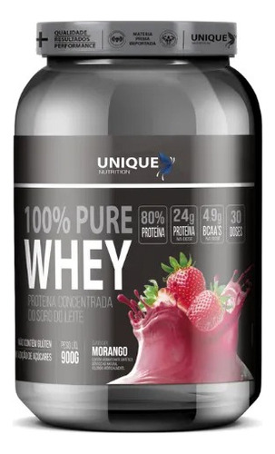 100% Pure Whey 900g - Unique Nutrition Sabor Morango