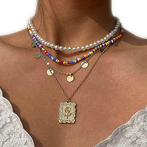 Elabest Collar De Perlas En Capas Cadena De Cuentas De Color