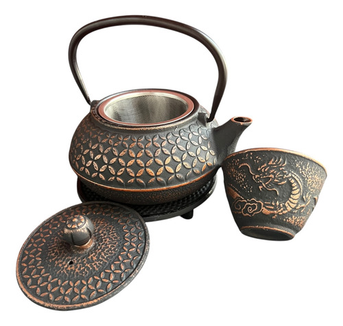 Tetera Hierro Sakura+posa Tetera+1cuenco Enlozado Infusor Negro Con Cobre