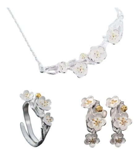 Imagen 1 de 7 de Flores En Collar, Aretes Y Anillo Ajustable