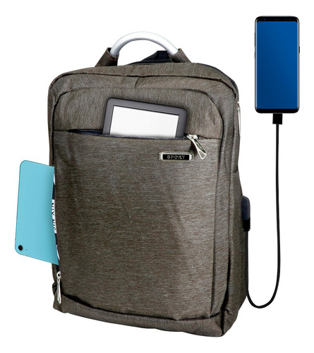 Mochila Impermeable Laptop Puerto Usb Escolar Portátil Viaje Color Marrón Diseño de la tela Liso