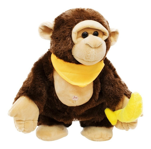 Macaco Com Faixa No Pescoço E Banana Na Mão 29cm Pelúcia Cor Marrom