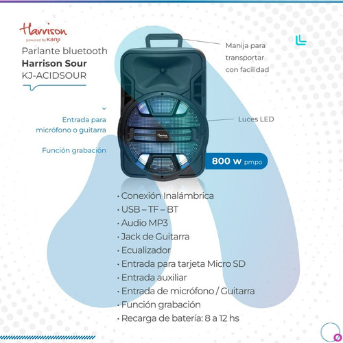 Parlante Bluetooth Harrison Luces Led By Kanji Acid Sour