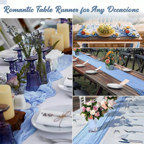 3pzs Caminos De Mesa De Gasa Boho,tela De Queso,90*300cm Color Azul Azul