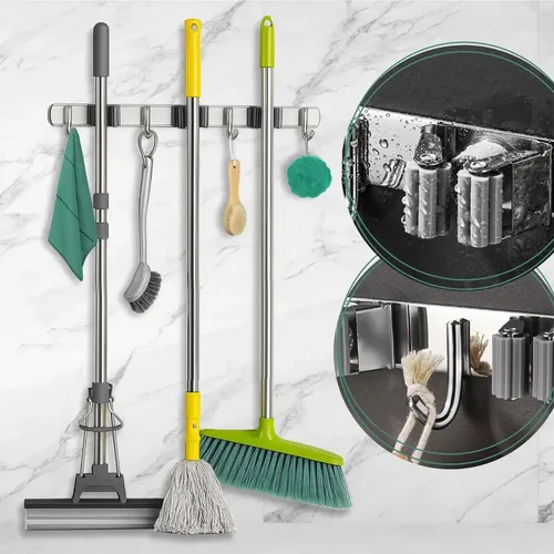 Suporte Inox Pendurar Vassoura Pá Rodo Mop Organizador 7 Acessórios Parede Porta Organização Guardar Área De Serviço... Prateado