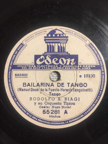 Disco De Pasta 78 Rpm Rodolfo Biagi Odeon 55281 Caricias