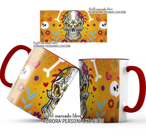 Mug  Taza Oreja Roja Calavera Catrinas Halloween 013