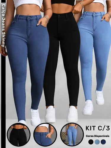 Kit 3 Calças Skinny Jeans Básica Feminina Cós Alto Casual