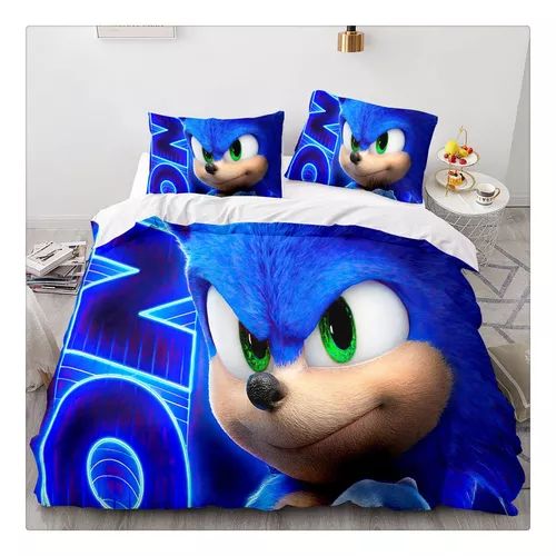 AMLUCASBRIDAL Conjunto de cama Sonic The Hedgehog capa de edredom conjunto  de cama Sonic para meninos e meninas decoração de quarto 3 travesseiros com  2 fronhas azul royal preto vermelho queen 014