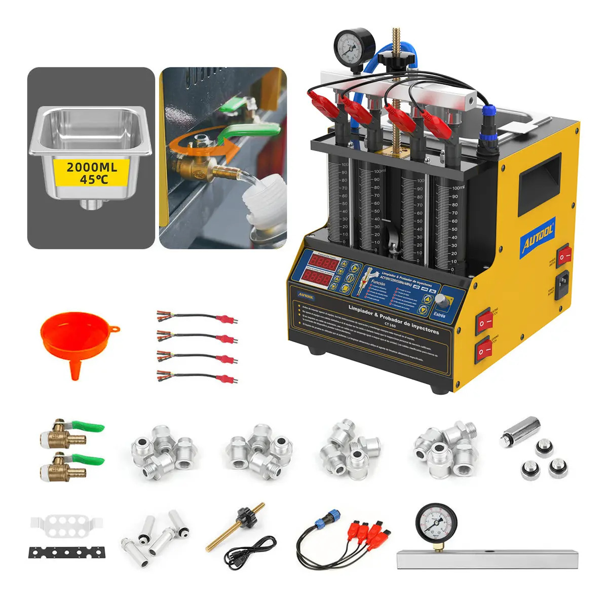 AUTOOL CT160 Limpiador y Probador de Inyectores ultrasonico 2000ml laboratorio inyectores gdi 12V 4 Cilindros Calentamiento 45℃ Panel Español para Autos y Motos