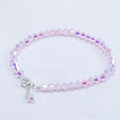Tobillera En Cristal Swarovski Elements Plata 925 C/ Dije Rosa Pálido 17.78 Cm 22 Cm