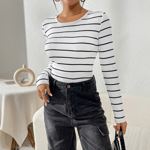 Playera Informal De Manga Larga A Rayas Cuello Redondo Moda