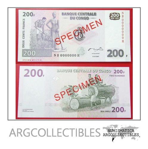 Congo Billete 200 Francos Año 2007 Specimen Pick 99s Unc Sin Circular