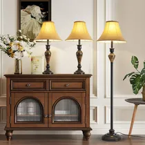 Comprar Juego 3 Lámparas Sala Estar Mesa Pie Base Hierro Pantalla Ma