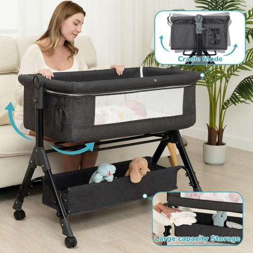 Baby Bassinet Bedside Sleeper 3-in-1 W/ Wheels & Storage Gre
