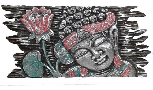 Imagen 1 de 2 de Cuadro Buda Tallado A Mano Pintado Plateado 20x40cm