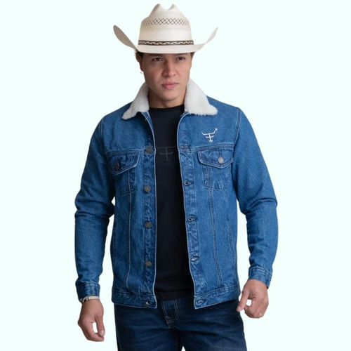 Jaqueta Bordada Tx. Farm Pele Na Gola Jeans Grosso De Botão