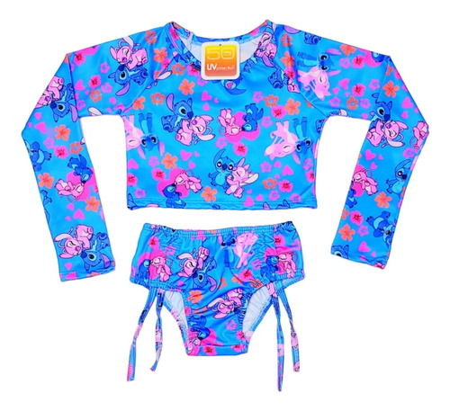 Biquíni Manga Infantil Proteção Solar Uv Cropped Menina Cor Azul-celeste Tamanho 4