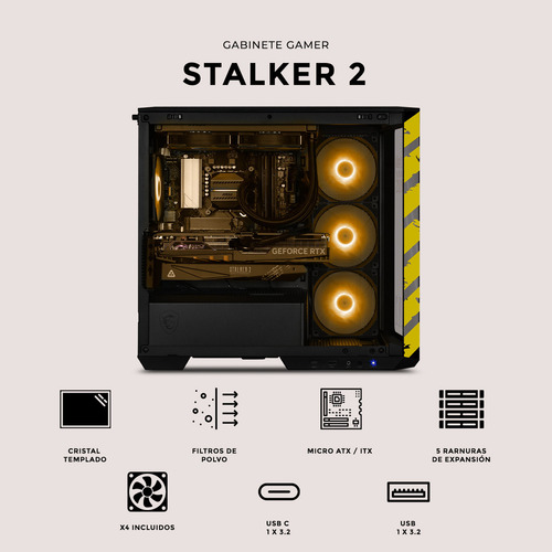 Gabinete Gamer Xtreme Pc Gaming Stalker 2 Edition Micro Torre Micro Atx 4 Fan Usb-c Cristal Templado Argb Negro
