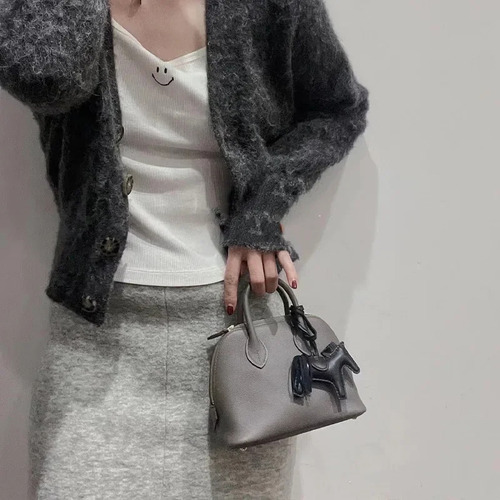 Bolsa De Boliche Feminina Shell Bag Top Layer Em Couro Bovin