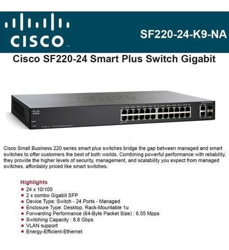 Switch Cisco Sf220-24 Administrable 24 Puertos Lan + 2 Sfp