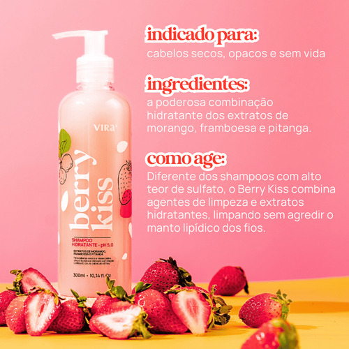 Shampoo Hidratação Berry Kiss 300ml Cabelos Hidratados Macios Brilho Nutrição Fragrância Doce Sem Sal Parabenos Vegano Limpeza Suave Para Todos Os Tipos De Cabelo