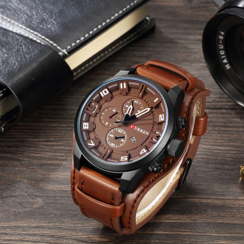 Relógio Business Leather 8225 Strap Quartz Curren Calendar M