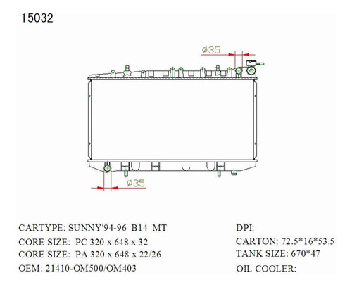 Radiador Nissan: Sunny B14 1.7; 1.8 (320 X 648 X 26) 214100m