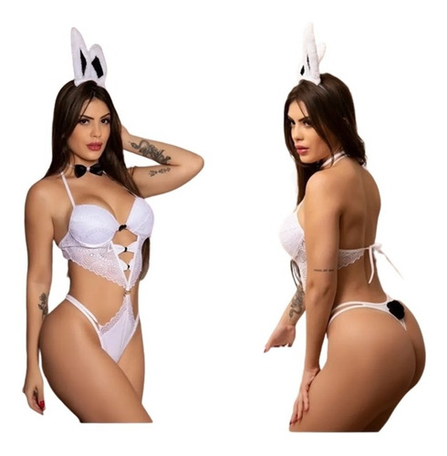 Lingerie Festa Coelha Playboy Coelhinha Body Branca Bojo