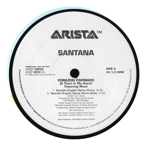Santana Featuring Maná Corazon Espinado 12 Vinyl