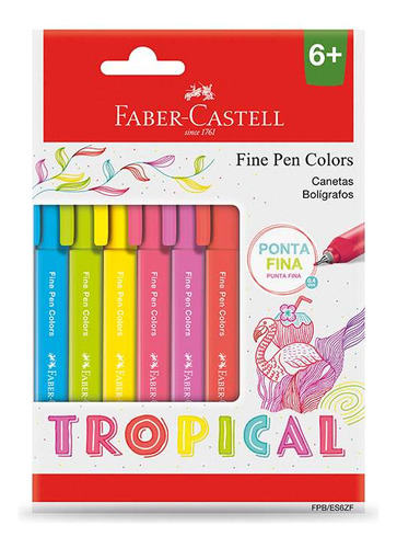 Caneta Fine Pen Color 0.4mm Faber Castell 6 Cores Tropical