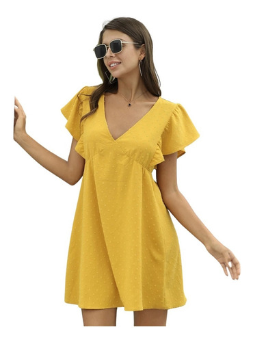 Vestido Lunares Manga Mariposa Cuello V Para Mujer